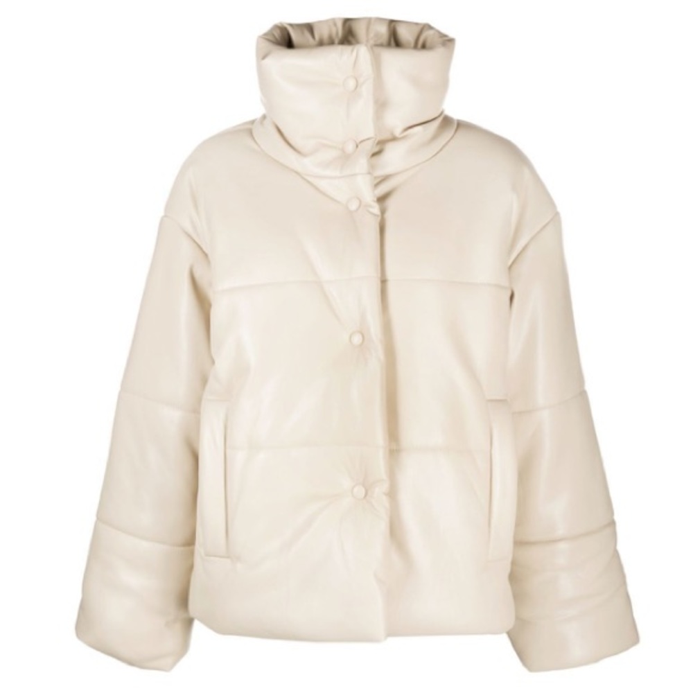 Faux Leather Cream Puffer Jacket High Neck Funnel Neck Coat - Picture 3 of 17